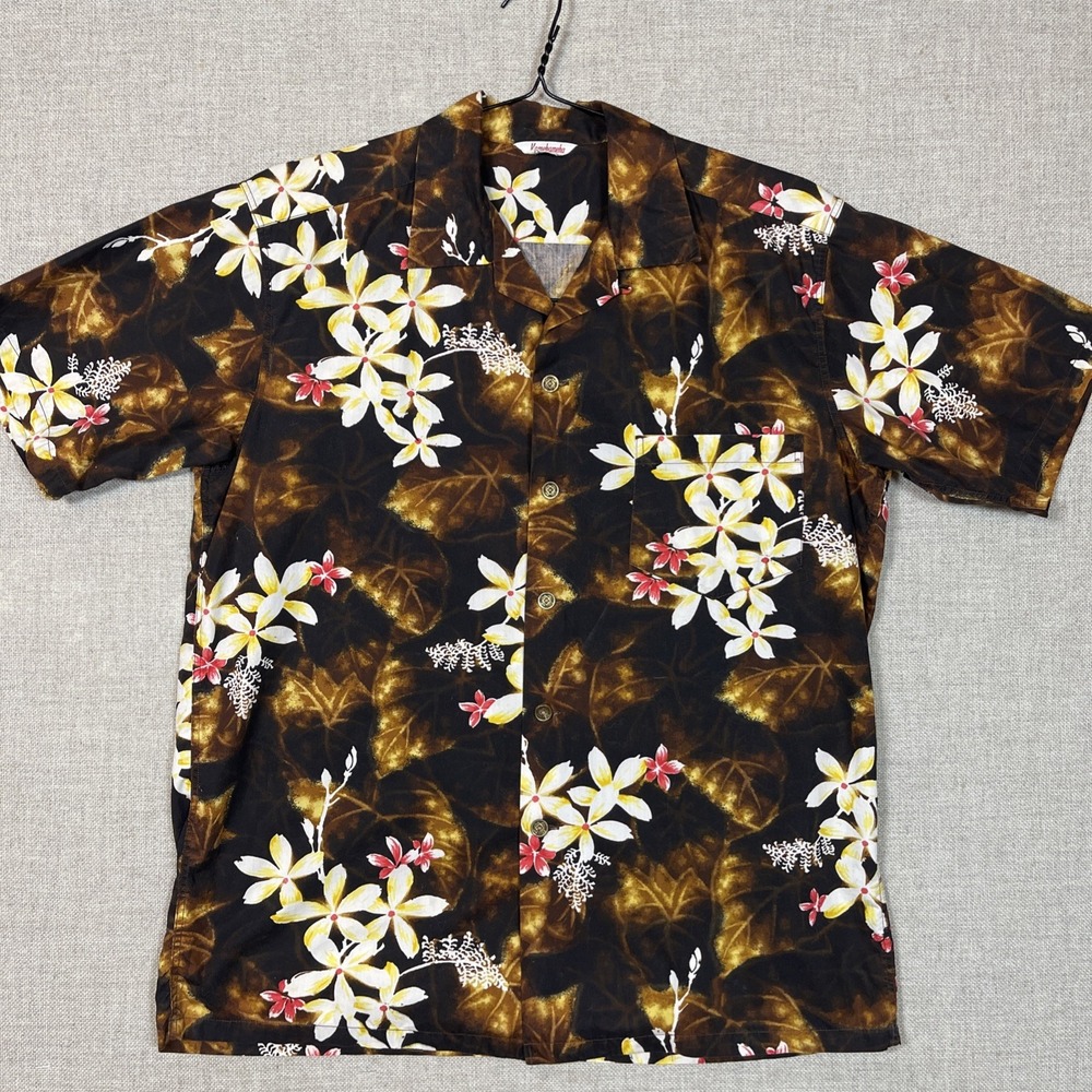 VTG 60s–70s Kamehameha Hawaiian Shirt Brown Batik Floral Plumeria‎ Hawaii